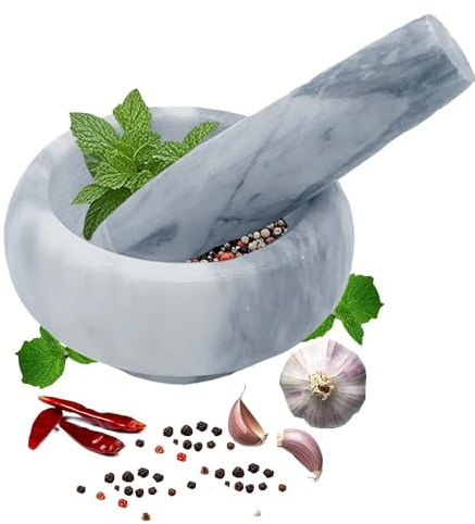Marble Mortar and Pestle Set, Hibucuo Small 3.5 Inches Grinder Bowl for Guacamole,Pestos Seasonings Pastes, Salsa, Pills Crusher, Spice, Herb, Garlic, Nut, Heavy Duty Grinder (GrayWhite)