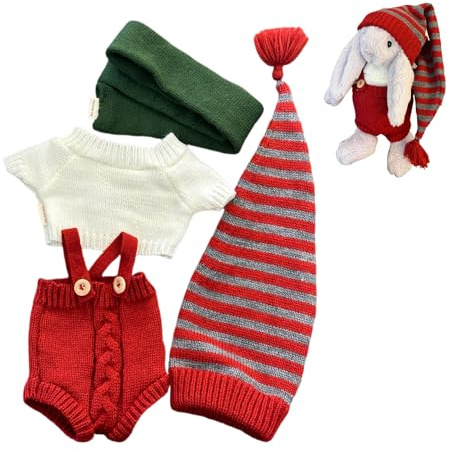 LICHADUOLE 4-TLG. Weihnachts-Set für Plüschtiere (30cm Teddybär) – Rote Latzhose + Weißer Pullover + Grüner Schal + Weihnachtsmütze | Passend für Bashful Hasen,Bartholomew Bären (Plüschtier separat)