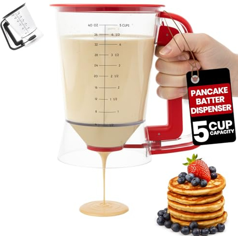 Eggssentials - Pancake dispenser, 5-Cup capacity for Batter, Cupcake Batter Dispenser, Waffles & Crepes, Easy Squeeze Handle, Dishwasher Safe - Red Pancake Mix Dispenser
