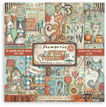 Stamperia - Scrapbook Paper Pad for Scrapbooking, Albums, Card Making, Bullet Journalling and More, Acid Free, Double-Sided, Perfect for Hobbies, Crafts, and Gifting (Furry Friends) (20.3 x 20.3 cm)