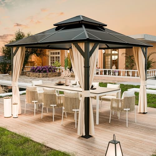 UDPATIO 3x3 m Pavillon Polycarbonat mit Vorhängen, Wetterbeständige Legierungen-Gartenpavillon wasserdicht stabil Winterfest UV-Schutz 6x6 cm starken Pfosten für Garten, Terrasse, Champagner