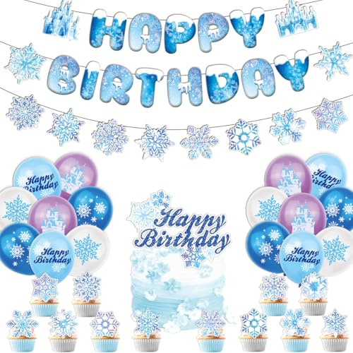 Fuwraixis 30 pezzi Frozen Decorazioni con palloncini, Castello Set Decorazioni per feste di ragazza compleanno, Compresi striscioni, Fiocchi di neve decorazioni per torte e palloncini in lattice