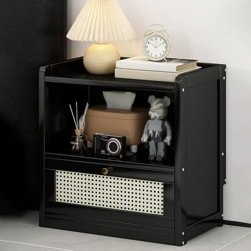 Bamboo Nightstand, Nightstand with Drawers & Bottom Baffle, Rattan Cabinet Doors, Reserve Baseboard for Books, Desk Lamp, Tissues