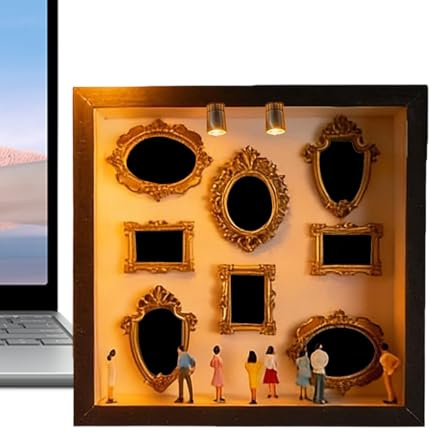 Bollisate Mini Museum, Holzregal DIY Figur Silhouette Box, Mini Museum Silhouette Box mit Lichtern und 8 Goldenen Fotorahmen Figur, für Heimdekoration, DIY, Erwachsene, Basteln, Wand, Bibliothek