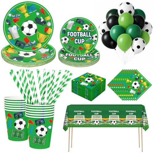 131PCS Football Party Tableware Set - 20 Guest Premium Paper Plates (9” & 7”), Cups,Napkins & Straws & Football Print Tablecloth- Complete World Cup, Sports Theme Birthday Party Dec