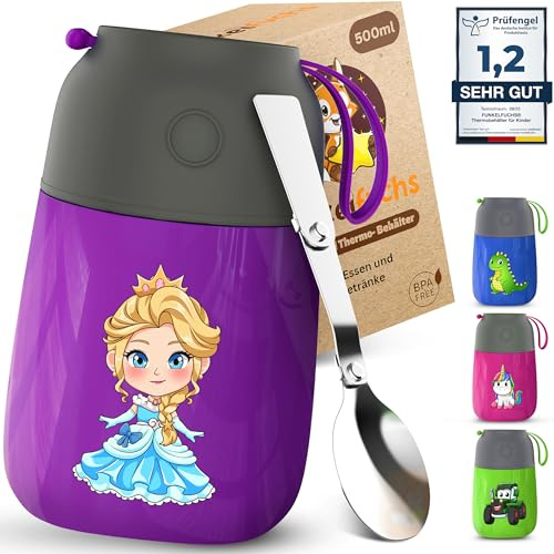Funkelfuchs Thermobehälter für Essen Kinder – 500ml – 100% auslaufsicher - Warmhaltebehälter Essen Edelstahl – Thermobecher Essen – Thermo Lunchbox Kinder - Brei - Lila