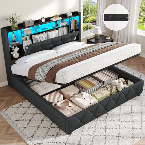 Brinlawb King Size Ottoman Bed Frame with Charging Station & LED Lights King Size Bed Frame with Hydraulic Lift Mechanism, Upholstered Storage Headboard, Lift-Up Underbed Storage, Easy Operation, Grey