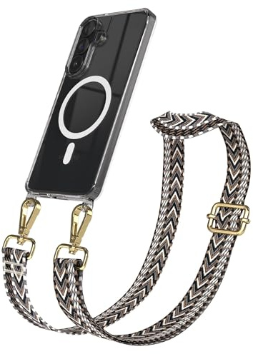 EAZY CASE Handykette - Verstellbares Taschenband kompatibel mit Galaxy S26 Plus, Schulterriemen, Handykordel mit Silikon Hülle, Qi Charging kompatibel, Umhängetasche, Grau Schwarz Gold