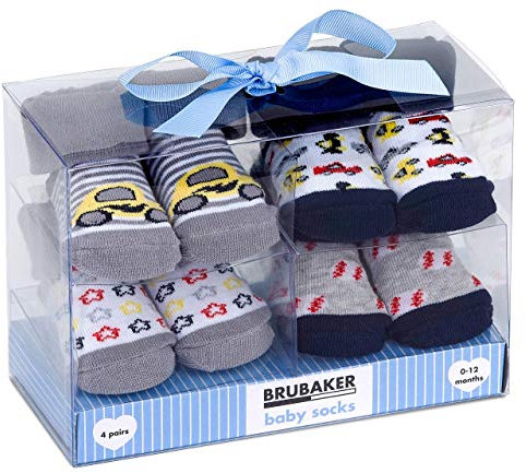 BRUBAKER 4 Paar Babysocken Jungen Mädchen 0-12 Monate - Baby Geschenkset für Neugeborene in Geschenkverpackung mit Schleife - Autos und Sterne