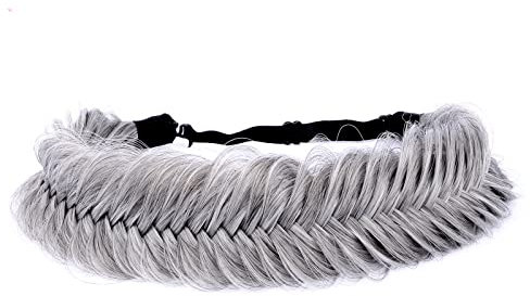 BOBIYA breites Fischschwanz-Haarband aus Kunsthaar, geflochten, klassisch, grob, elastisches Stretch-Haarteil, für Damen und Mädchen, Schönheitsaccessoir, Grau (Salt, Pepper))