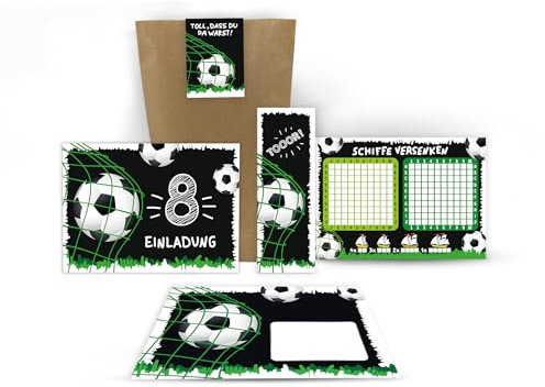 12 Einladungskarten zum 8. Kindergeburtstag achte Geburtstag Jungen Fussball Fußball incl. 12 Umschläge, 12 Tüten, 12 Aufkleber, 12 Lesezeichen, 12 Schiffe versenken