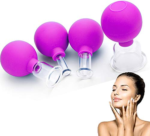 FeelFree Sport Glass Facial Cupping Set- 4pcs Silicone Vacuum Suction Face Massage Cups Anti Cellulite Lymphatic Therapy Sets for Eyes, Face and Body (Rose red)