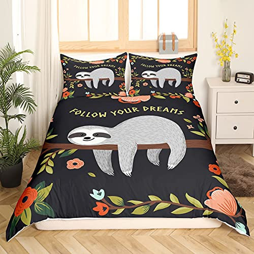 Faultier Bettbezug Set 155x220, Niedliche Karikatur Faultier Bettwäsche Set Kinder Mädchen Jungen Weiche Bettdecke Set Schöne Tier Botanisch Blumen Tagesdecke für Jungen Kinder, 1 Kissenbezug