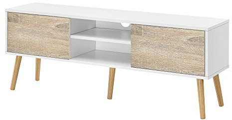 Mobile Porta TV con 2 Armadietti e 2 Scomparti Aperti 120 x 29,5 x 46,5 cm Supporto TV con Passaggio Cavi Tavolino Consolle con 2 Ante e Ripiani - Piedi in Legno Massiccio - Bianco/Effetto Rovere