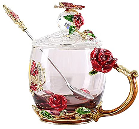 Tasse a Thé Fleurs Rose,Saijer avec Couvercle Tasse à Café avec Cuillère Tsse à thé Coupe Verre Transparent Combinaison Utilisé pour Faire du thé ou du Café et Boire (Rouge)