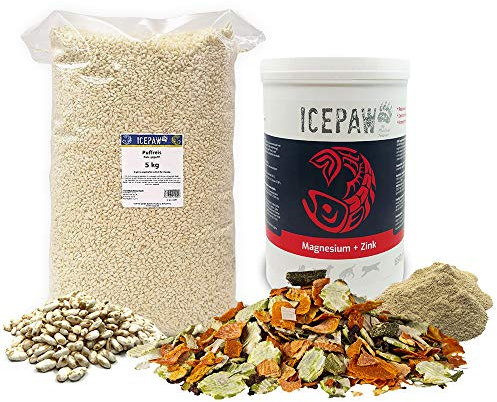ICEPAW Barf Kombipaket für Hunde: Puffreis (5 kg), Magnesium+Zink (650 g), Gemüsemix (1 kg)