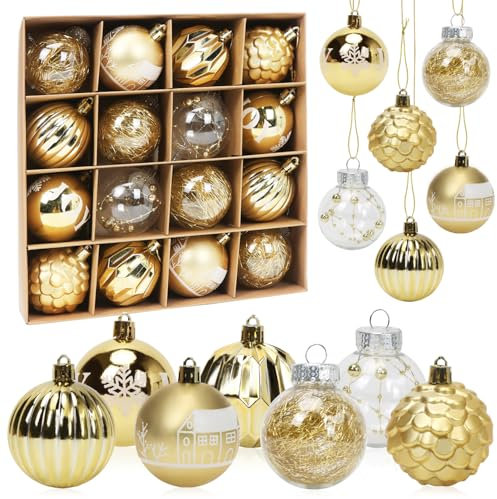 Bluelves Weihnachtskugeln Gold Set, 16 Stück Christbaumkugeln 6cm, Kunststoff Weihnachtsbaumschmuck, 7 Muster, für Weihnachtsbaum Dekoration