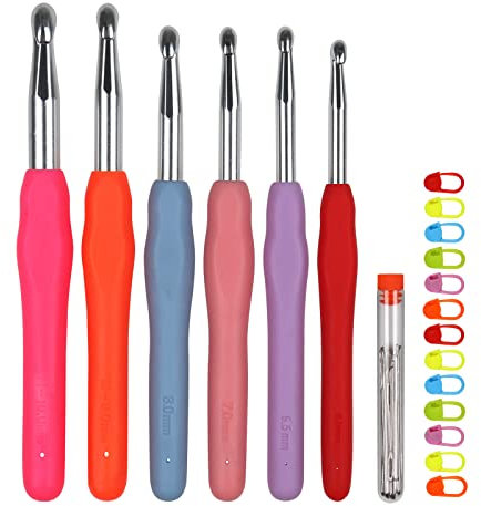 Coopay Großes Häkelnadel Set, Größen 6,0 mm, 6,5 mm, 7,0 mm, 8,0 mm, 9,0 mm, 10 mm Häkelnadeln mit Solide Haken und Weichem Griff für Arthritische Hände, Klobige Ergonomisch Metall Häkelnadelset