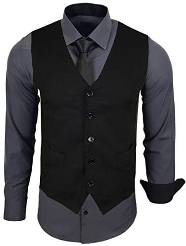 Baxboy Herren Hemd mit Weste Krawatte Anzugs Sakko Business Hochzeit Freizeit Hemden Frack Herrenweste Set wählbar B-44-HWKR, Farbe:Anthrazit, Größe:XXL