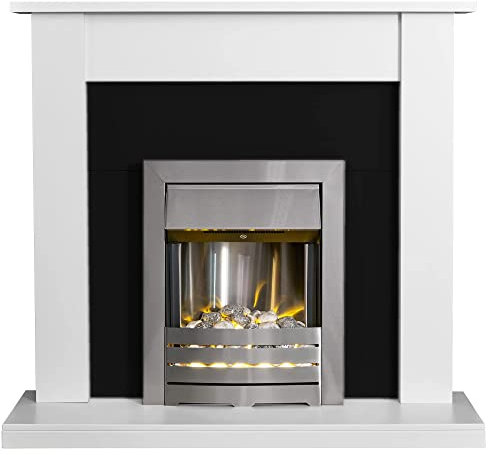 Adam Sutton Fireplace in Pure White & Black with Helios Electric Fire in Brushed Steel, 43 Inch