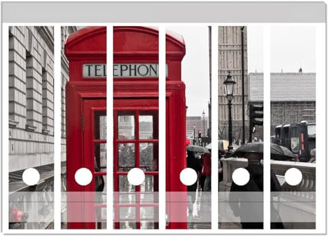 Wallario Ordnerrücken Sticker Rote Telefonzelle in London England mit Big Ben - Größe 6 Stück, Rückenschilder für 6 breite Ordner, Klebeetiketten