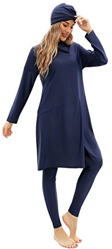 IBTOM CASTLE Modest Muslim Swimming Costume for Women Long Sleeve Full Cover Bathing Suit Athletic Shirt Pants Islamic Hijab Swimwear 3pcs Set Lady Rash Guard Arabic Burkini Beachwear Dark Blue M