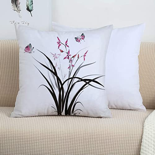 2er-Set Dekorativ Kissenbezug 45x45 cm,Schmetterlinge, chinesische Orchidee und Schmetterling exo,Polyester Kissenbezüge Dekokissen Kissenhülle Set Kissen Fall für Sofa Auto Schlafzimmer Zuhause Dekor