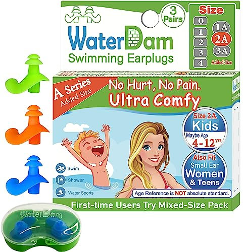 WaterDam Bouchons d'oreilles de natation ultra confortables et imperméables pour éviter les oreilles du nageur (taille 2A + 2A + 2A : enfants, adolescents, petites et moyennes oreilles pour femmes