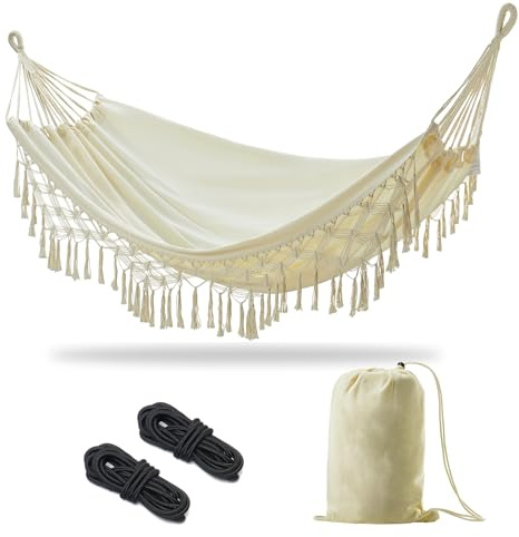JoyView Boho Makramee-Doppel-Hängematte mit hängenden Seilen und eleganten Quasten, 86,6 x 59 cm, tragbare Baumwoll-Hängematte für Terrasse, Hinterhof, Veranda, 204 kg Tragkraft, perfekt für