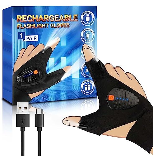 Apicey Rechargeable LED Flashlight Gloves, Gifts for Men Dad Him Boyfriend Birthday Christmas, Cool Gadgets Waterproof Hands-Free Lights for Repairing Fishing Camping