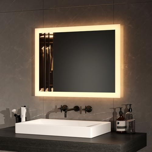 EMKE Miroir Salle de Bain avec Eclairage 60x45 cm,Miroir LED Salle de Bain,Anti-buée,Interrupteur à Bouton, Miroir Lumineux Salle de Bain,Lumière Blanche Froide/Chaude,Miroir Salle de Bain