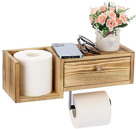 BTSKY Toilettenpapierhalter aus Holz zur Wandmontage, mit Ablage und Schublade, Badezimmer-Toilettenpapierrollenhalter mit Aufbewahrungsbox, spülbarer Tücherspender, Aufbewahrungshalter, Organizer,