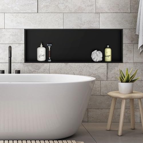 LuxeBath Nicho de Ducha de Acero Inoxidable 90x30x10 cm Negro Marco de Pared Empotrado Alicatable Estante Integrado Instalación Flexible para Almacenamiento Organizador de Utensilios para Baño