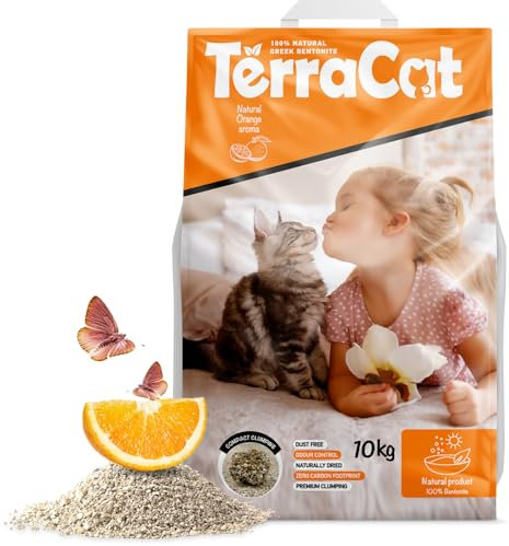 TerraCat katzenstreu,12.5L - 10Kg Cat Litter, 100% Natürlicher Griechischer Bentonit Katzenstreu Klumpstreu, Hohe Saugfähigkeit Klumpstreu für Katzen, Staubfrei Katzenstreu Klumpend, Orangenduft
