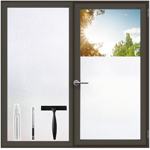 Windimiley Fensterfolie Blickdicht Sichtschutzfolie Fenster 44.5 x 1000 cm Privatsphäre Glasfolie Innen Selbsthaftend Milchglasfolie Anti-UV Statisch Haftend ohne Kleber für Zuhause Büro Matt