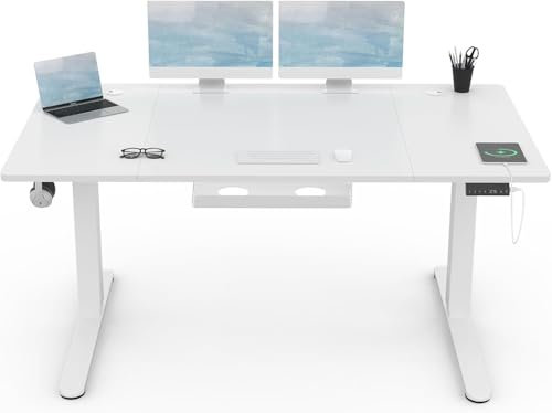 Devoko Höhenverstellbar Schreibtisch 160x80cm mit USB Ladeanschluss, 3 Memory-Steuerung and Anti-Kollisions Technologie, Leise Funktion, Robuster Metallrahmen, Weiß