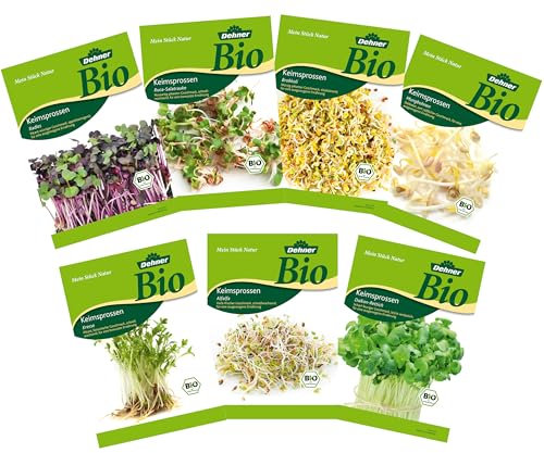 Dehner Bio Keimsprossen, Sprossensaat Mix, Kresse/Alfalfa/Daikon-Rettich/Radies/Ruca-Salatrauke/Brokkoli/Mungbohnen, 7 Sorten x 75 g (525 g)