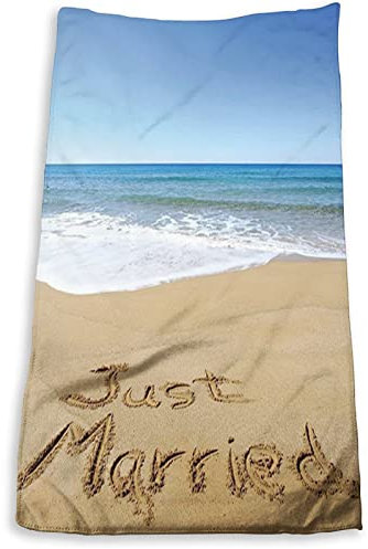 Strandtücher Hochzeit Hand Just Married Geschrieben Am Sandy Beach, Blau Sandfest Handtuch Perfekt Badetuch Weich Duschtuch Für Outdoor Reise Schwimmen 80x130cm
