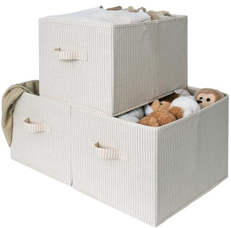 StorageWorks Kisten mit Griffen, Aufbewahrungsbox Stoff für Regale, Baskets for Organisation, groß faltbarer Kleiderschrank Organizer für den Wäscheschrank, beige gestreift, 3 Stück
