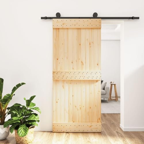 Gecheer Porta,Scorrevole,del Granaio,con Kit Binario,Se Hardware,Ferramenta,in Legno di Pino,Nero e Massello,90x210 cm,Binario 183 cm,B,Porta del Granaio Sorrevole con Kit Binario