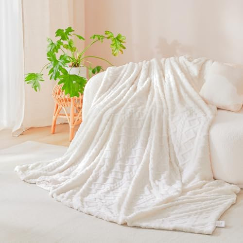 Nayoroom Kuscheldecke Winter Flauschig Cashmere Touch Fleecedecke 220x240 cm Weiß Warm Flanell Decke Kuschelig Wolle Aesthetic Wohndecke Cream Wolldecken Weiche Sofadecken für Couch überwurf Set