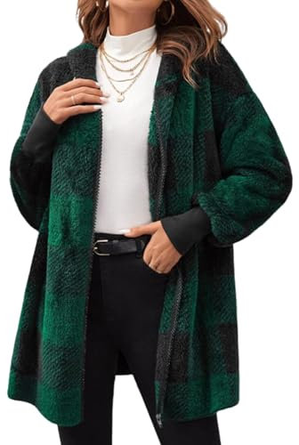 Manteau Femme Hiver Chaud Chic Vetement 2024 Long Oversize Verte Carreaux Polaire Veste Sherpa Zippé Sweat à Capuche
