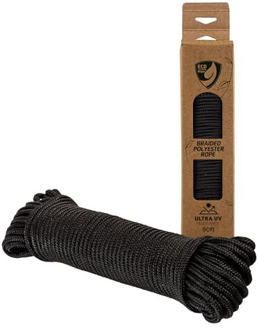 Cuerda trenzada ecológica de 90 pies, color negro, diámetro de 5 mm