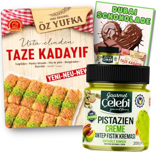 Kadayif Engelshaar Teigfäden + Pistaziencreme - Set zur Herstellung von Dubai Schokolade (1x400g Kadayif - 1x 190g Pistaziencreme 40%) inkl. Anleitung