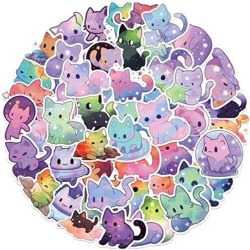 50Pcs Rainbow Starry Sky Cat Stickers, Waterproof Self Adhesive Vinyl Stickers, Cute Cartoon Cat Stickers, Cat Stickers for Kids, Cartoon Animal Stickers, for Teens Girls Laptop Computer Skateboard
