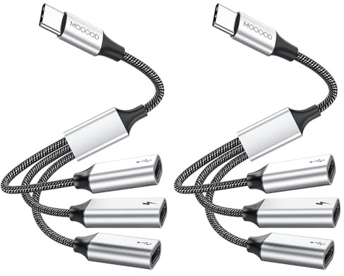 MOGOOD USB C Splitter, 3 Port USB C Female Adapter, Type C Splitter Data Transfer and Charging Cable for iPhone 15 Series Mac, PS5, Laptop, Headphones (2 Pack)