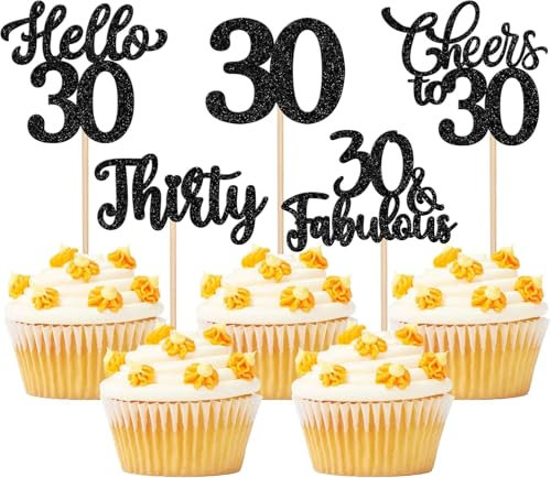 30 Stück 30th Geburtstag Tortendeko Glitzer Hello 30 Cheers to 30 Cupcake Toppers 30 & Fabulous Thirty Kuchen Deko für Prost auf 30 Geburtstag Jahrestag Party Kuchen Dekoration Schwarz