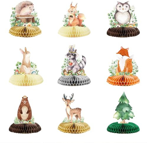 Kotkiddy 9-Piece Woodland Animals Honeycomb Centrepieces 3D Table Decorations Woodland Baby Shower Decorations for Girls Boys Green Forest Theme Baby Shower First Birthday