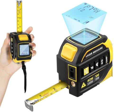 4-in-1 Laser Tape Measure,40M/131FT Laser Measurement Tool & 5M/16FT Measuring Tape,Digital Laser Measure with Dual Axis Electronic Angle & Cross Line,Digital Laser Tape Measure with LCD Display