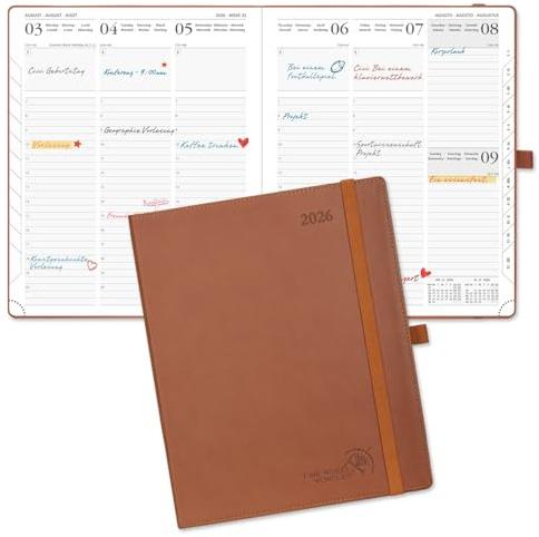 POPRUN Kalender 2026 Wochenplaner 26,5 x 21,5 cm, 12-Monate-Terminplaner (Jan.2026-Dez.2026), Buchkalender 1 Woche 2 Seite Softcover mit PU-Leder - Braun